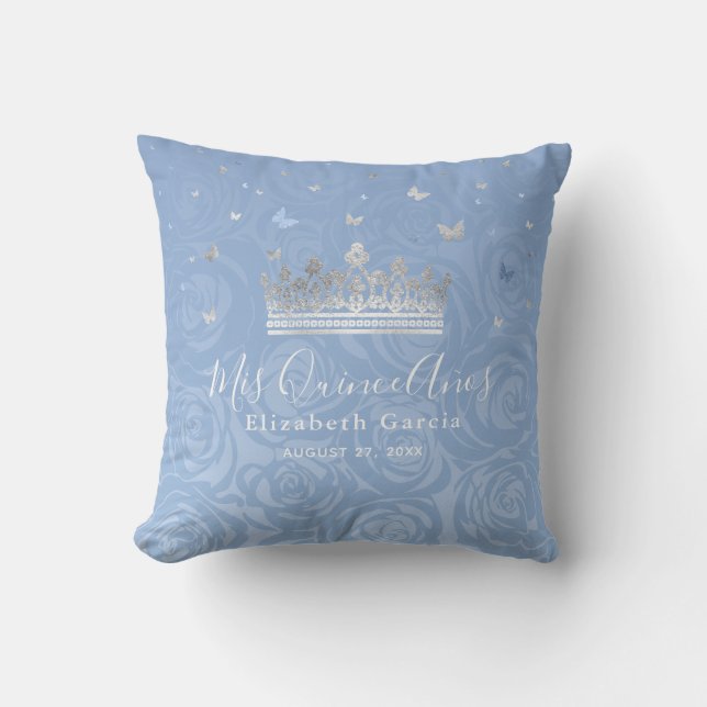 Silver Light Baby Blue Roses Mis Quince Anos Cushion (Front)