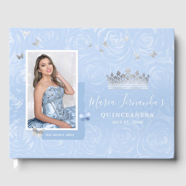 Silver Light Baby Blue Roses Photo Quinceanera Guest Book (Front)