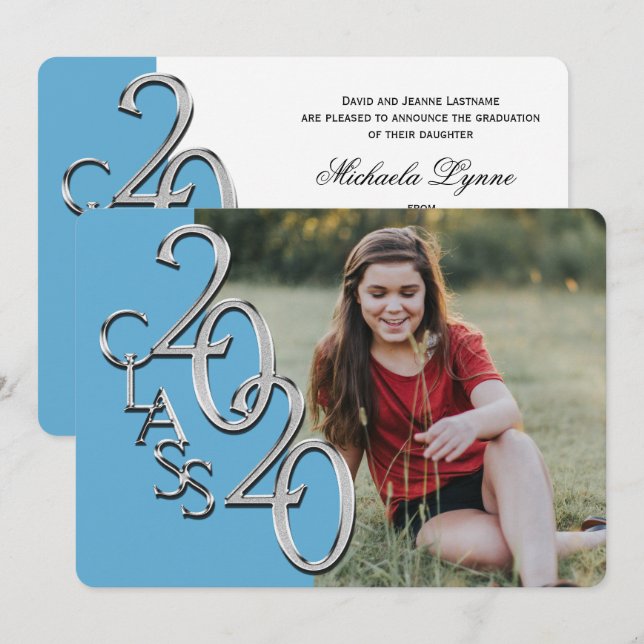 Silver Light Blue 2020 Photo Graduation Invitation (Front/Back)