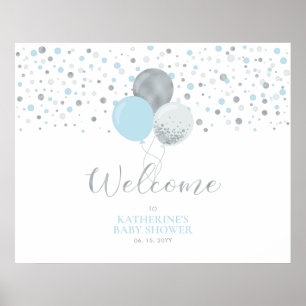 Silver & Light Blue Balloons   Baby Shower Welcome Poster