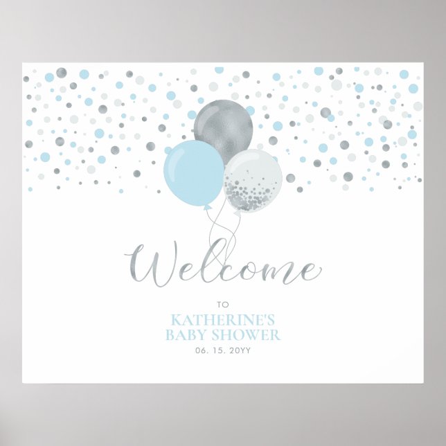 Silver & Light Blue Balloons | Baby Shower Welcome Poster (Front)