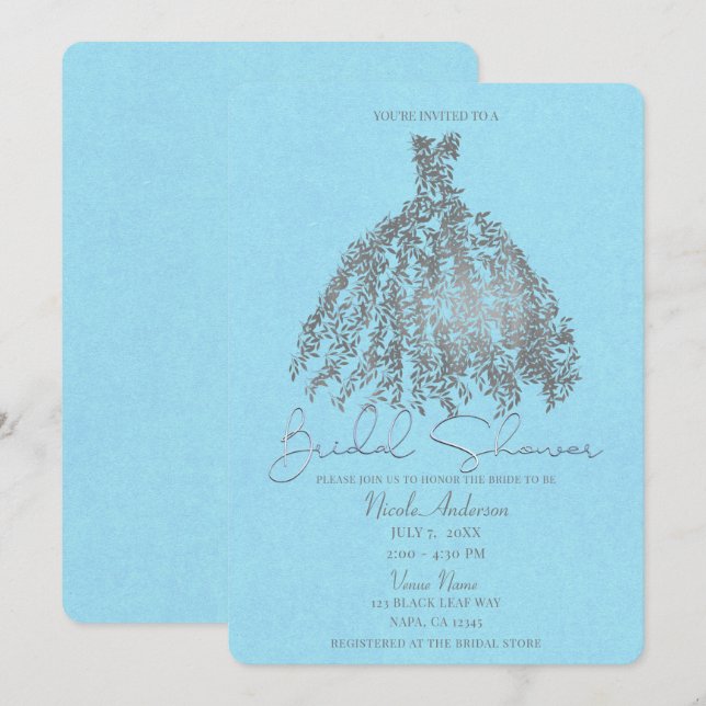 Silver & Light Blue Botanical Dress Bridal Shower Invitation (Front/Back)