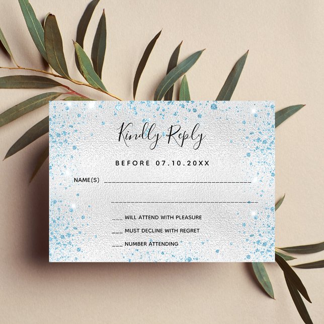 Silver light blue glitter elegant wedding RSVP Card (Creator Uploaded)