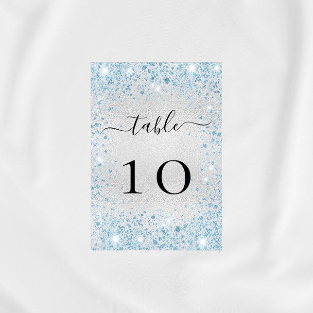 Silver light blue glitter sparkles glamourous table number (Creator Uploaded)