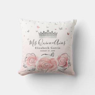 Silver Light Pink Rose Quinceanera Mis Quince Anos Cushion