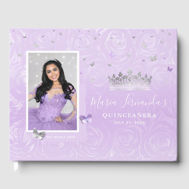 Silver Light Purple Rose Elegant Photo Quinceanera Guest Book (Front)