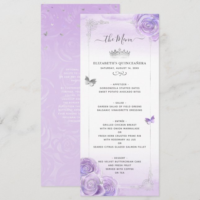 Silver Light Purple Roses Elegant Floral Menu (Front/Back)