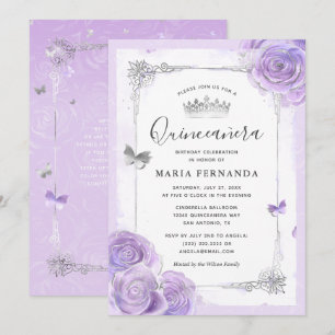 Silver Light Purple Roses Elegant Quinceanera Invitation