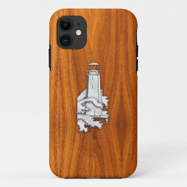 Silver Lighthouse on Teak Wood Style Case-Mate iPhone Case (Back)