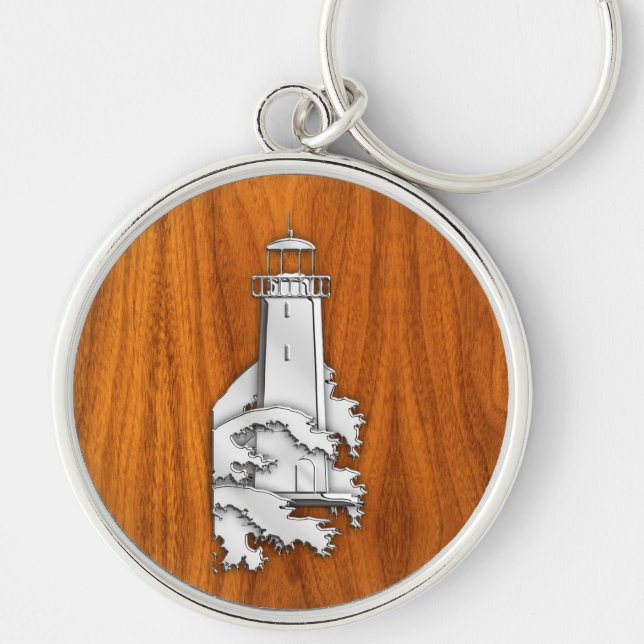 Silver Lighthouse on Teak Wood Style Key Ring (Front)