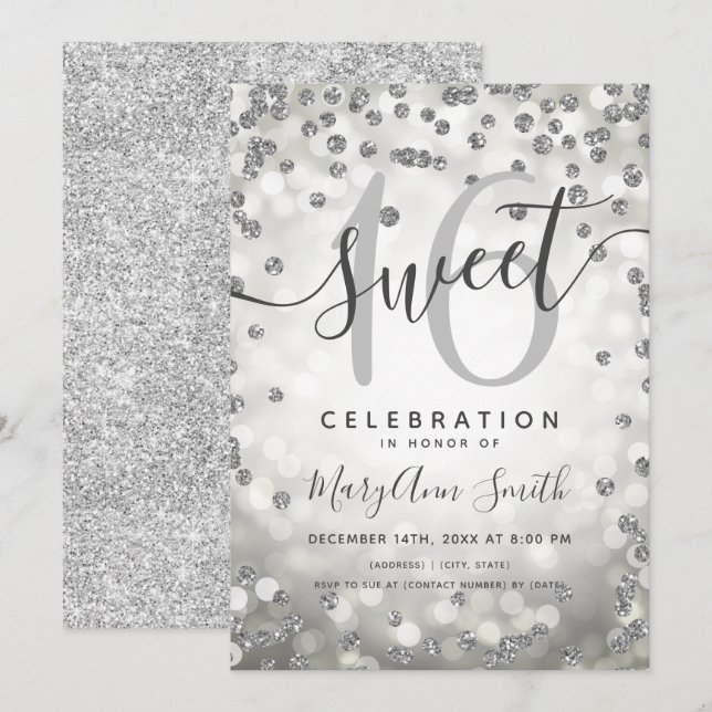 Silver Lights Glitter Confetti 16th Birthday Invitation (Front/Back)