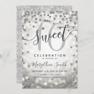 Silver Lights Glitter Confetti 16th Birthday Invitation