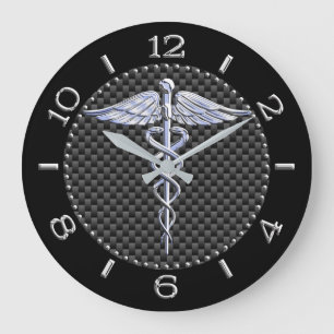 Silver Like Caduceus Medical Symbol Mahogany Dial Large Clock