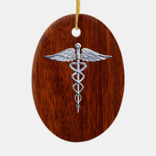 Silver Like Caduceus Medical Symbol Mahogany Print Ceramic Tree Decoration (Front)