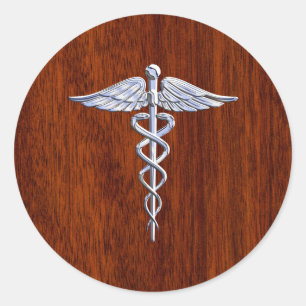 Silver Like Caduceus Medical Symbol Mahogany Print Classic Round Sticker