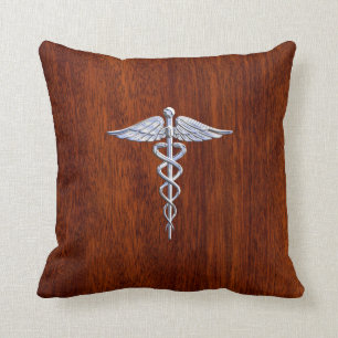 Silver Like Caduceus Medical Symbol Mahogany Print Cushion