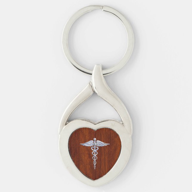 Silver Like Caduceus Medical Symbol Mahogany Print Key Ring (Front)