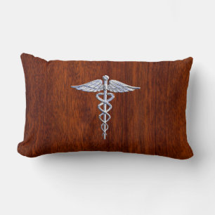 Silver Like Caduceus Medical Symbol Mahogany Print Lumbar Cushion