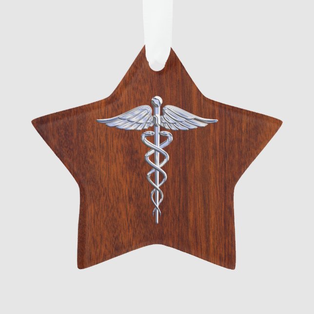 Silver Like Caduceus Medical Symbol Mahogany Print Ornament (Front)