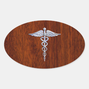 Silver Like Caduceus Medical Symbol Mahogany Print Oval Sticker