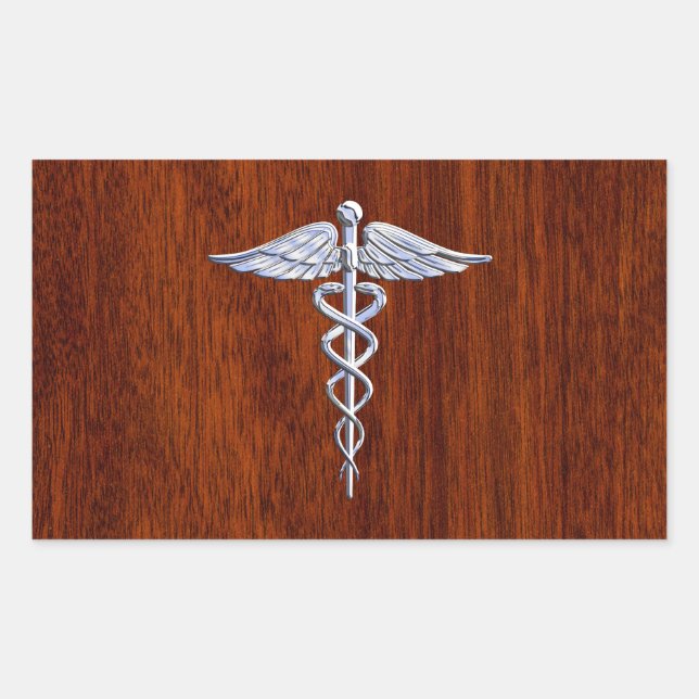 Silver Like Caduceus Medical Symbol Mahogany Print Rectangular Sticker (Front)