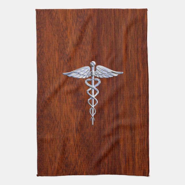 Silver Like Caduceus Medical Symbol Mahogany Print Tea Towel (Vertical)