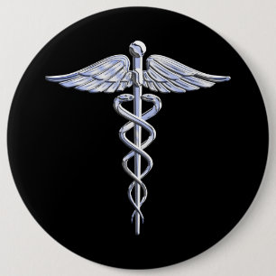 Silver Like Caduceus Medical Symbol on Black Decor 6 Cm Round Badge