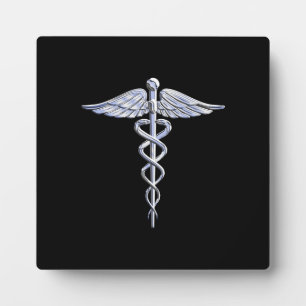 Silver Like Caduceus Medical Symbol on Black Decor Plaque