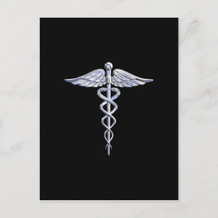 Silver Like Caduceus Medical Symbol on Black Decor Postcard