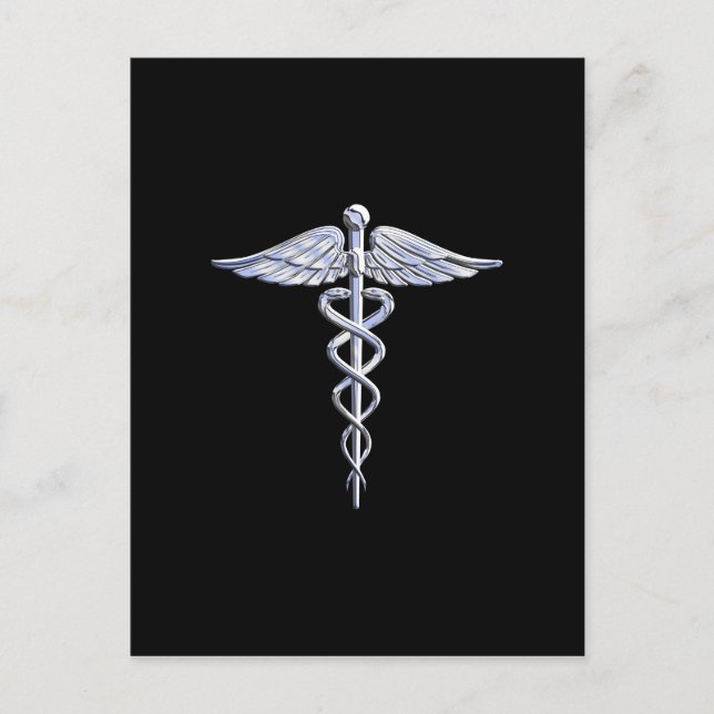 Silver Like Caduceus Medical Symbol on Black Decor Postcard (Front)