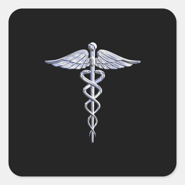 Silver Like Caduceus Medical Symbol on Black Decor Square Sticker (Front)
