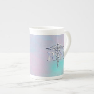 Silver Like RN Caduceus Medical Mother Pearl Bone China Mug