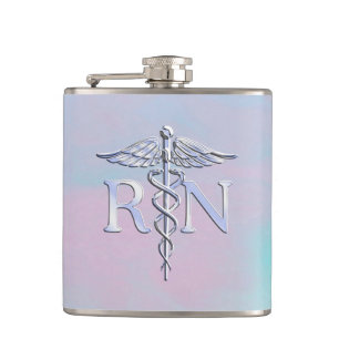 Silver Like RN Caduceus Medical Mother Pearl Hip Flask