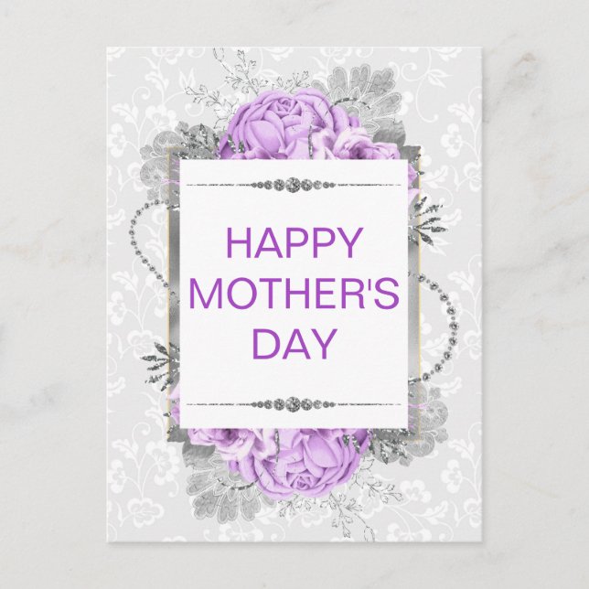 Silver & Lilac Flowers & Glitter Mother's Day Postcard (Front)