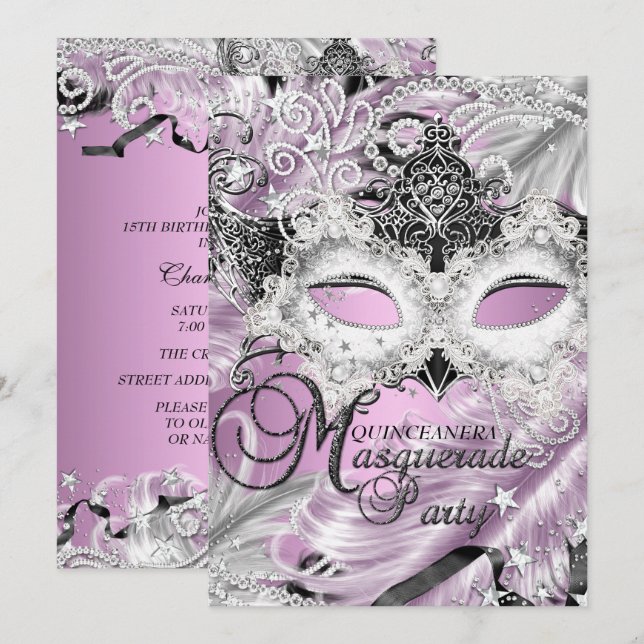 Silver Lilac Sparkle Mask Masquerade Quinceanera Invitation (Front/Back)
