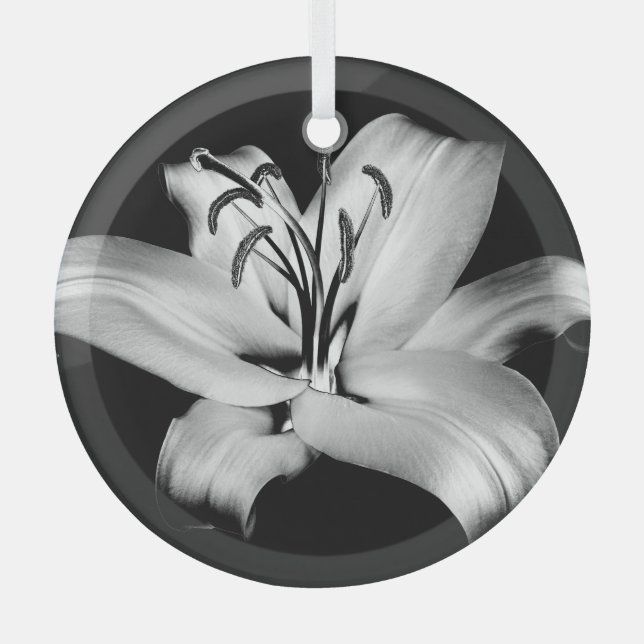 Silver Lily: Monochrome Floral Elegance. Glass Tree Decoration (Front)