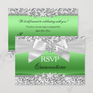 Silver Lime Green Glitter Bow Quinceanera RSVP Invitation