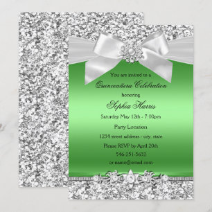 Silver Lime Green Glitter Jewel Bow Quinceanera Invitation