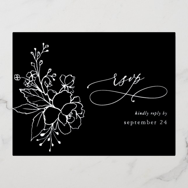 Silver Lined Floral on Black Silver w Meal RSVP 2 Foil Holiday Postcard (Front)