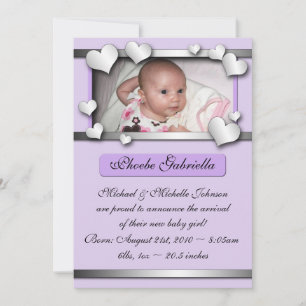Silver Lining Hearts Purple Birth Announcements