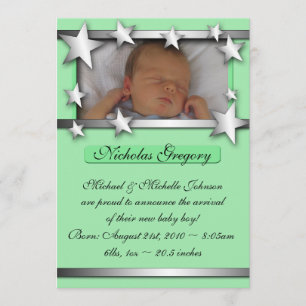 Silver Lining Stars Green Birth Announcements