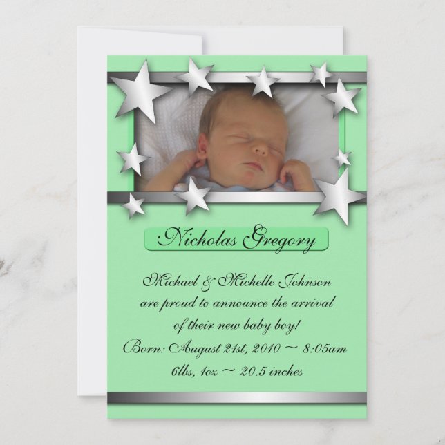 Silver Lining Stars Green Birth Announcements (Front)