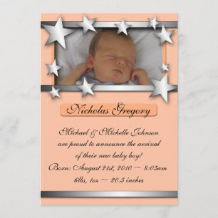 Silver Lining Stars Orange Birth Announcements