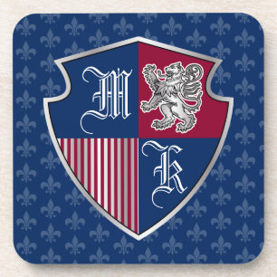 Silver Lion Coat of Arms Monogram Emblem Shield Coaster