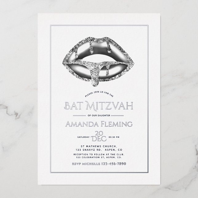Silver Lips Bat Mitzvah Photo  Foil Invitation (Front)