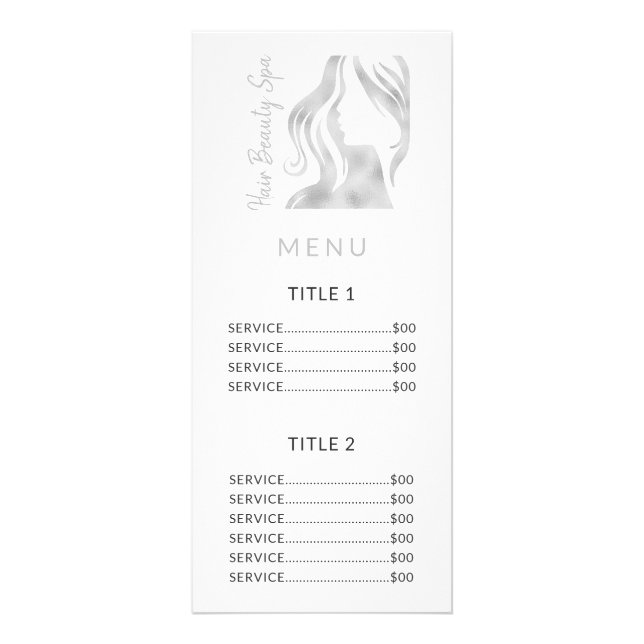 Silver logo white salon service menu rack card (Front)