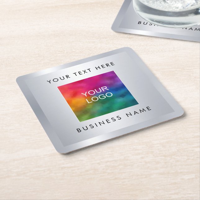 Silver Look Upload Own Business Company Logo Here Square Paper Coaster (Angled)