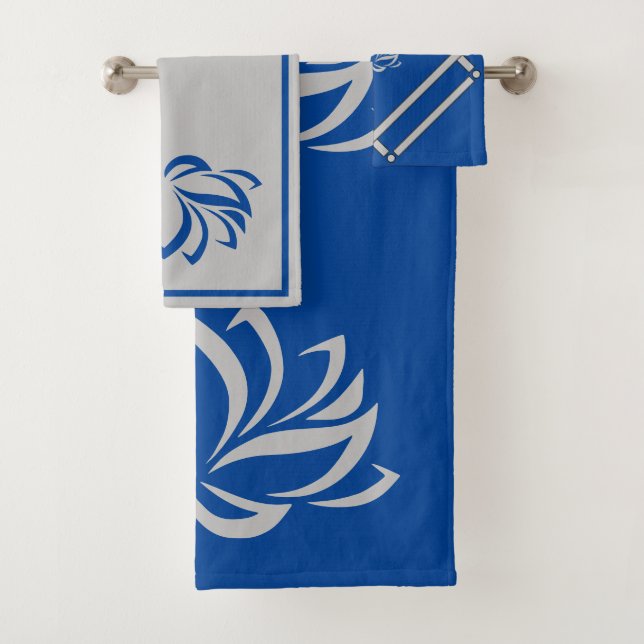Silver Lotus and Royal Blue Bath Towel Set (Insitu)