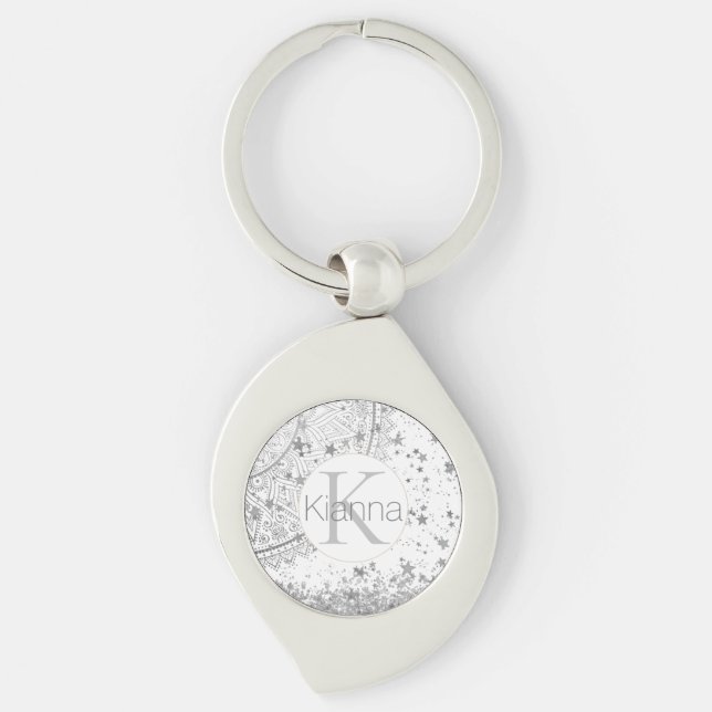 Silver Lotus Mandala Stars Glitter Monogram   Key Ring (Front)