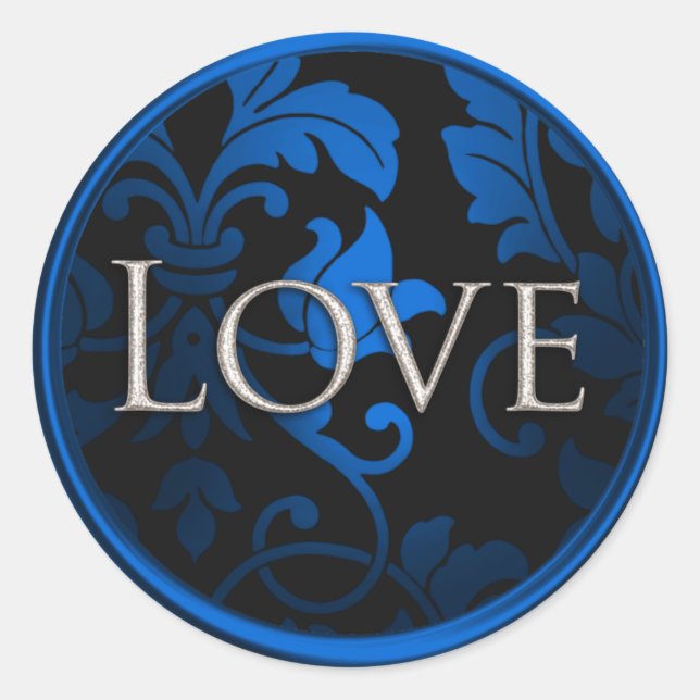 Silver Love Blue and Black Damask  Envelope Seal (Front)